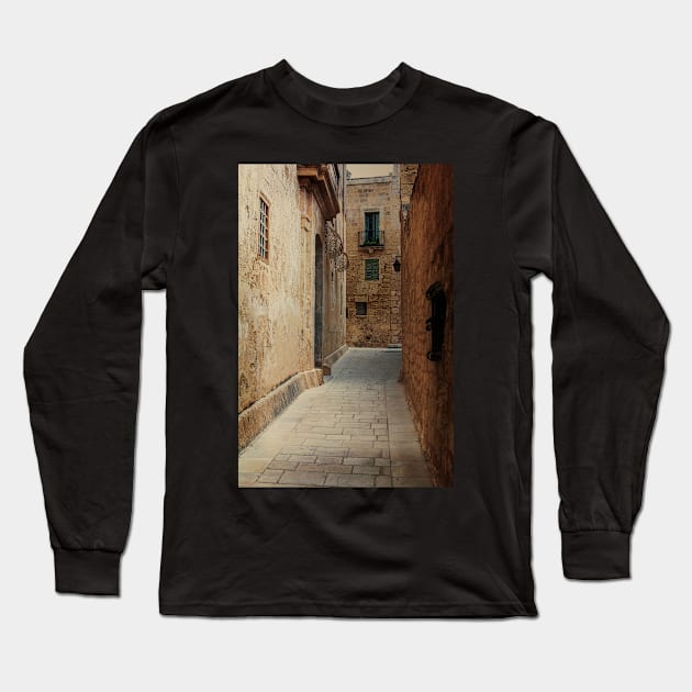 Narrow medieval street of Mdina Long Sleeve T-Shirt by lena-maximova